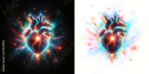 A cosmic heart pulsates with stars and nebulae, vibrant colors radiate against pitch black, the universe's heart. isolated on black and alpha transparent background... photo