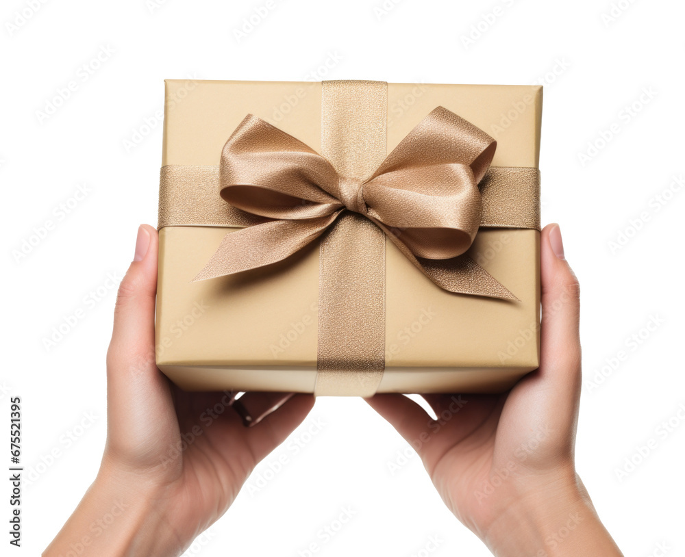 Hands holding a gift box wrapped with a bow against transparent background. AI generative. Hands holding a gift box wrapped with a bow against transparent background. AI generative.