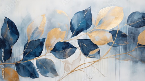  a painting of blue and gold leaves on a white and blue background with a gold leaf on the left side of the painting. generative ai