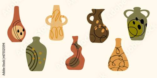 Set of different vases. Porcelain trendy colored vases. Collection of modern flat vector illustrations isolated.