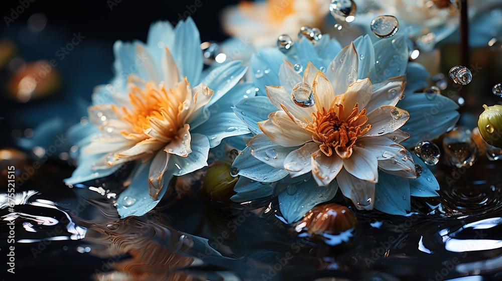  a group of water lilies floating on top of a body of water with drops of water on the petals.  generative ai