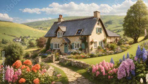 an idyllic image of a charming cottage nestled in a picturesque countryside, surrounded by blooming flowers and rolling hills - AI Generative © Being Imaginative