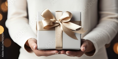 Woman hands holding a luxury white silver gift box with bow against a festive background, Xmas and New Year postcard design. Black Friday sales, Birthday celebration party concept