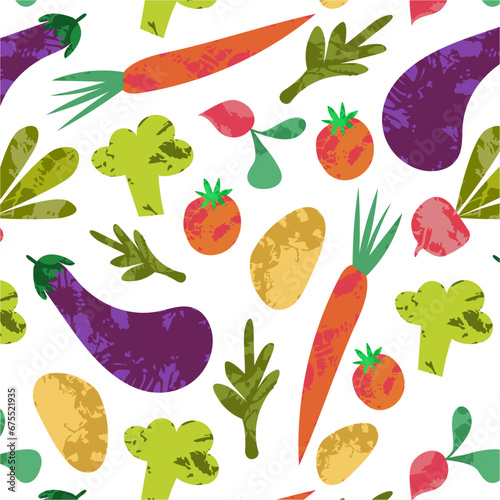 Farmer's market seamless pattern with fresh and healthy vegetables, carrot, onion, radish, tomato, broccoli for menu design 