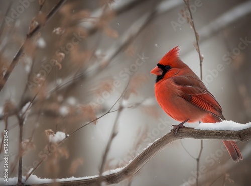 lovely red cardinal perched on a snowy branch with snowscape background.  © Naige