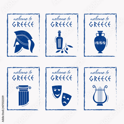Art and culture vector icon set, amphora, column, statue, mask, Greece. Ancient, Greek civilization. 