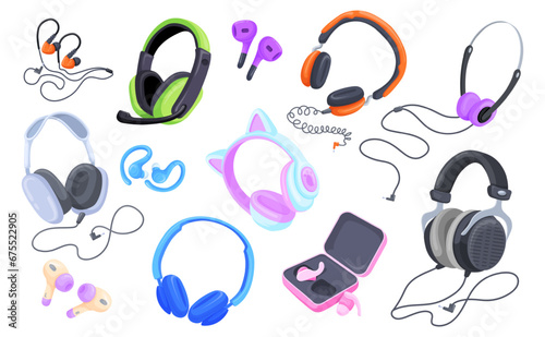 Wired wireless earphones. Cartoon headphone and earbuds for listening music gadgets, big earphone with microphone or gamer headset, stereo sound accessory neat vector illustration