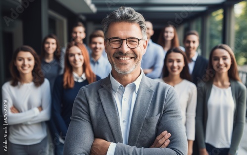 A smiling professor standing amidst students