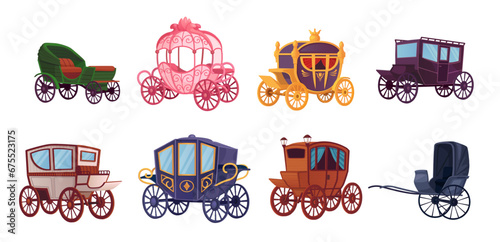 Cartoon vintage carriages. Carriage cargo wagon or royal luxury coaches, ancient cart horse victorian king chariot magic fairytale coach