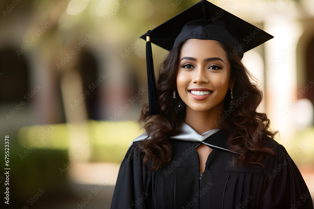 Woman in her twenties on her college graduation day, wearing the graduation cap and gown Woman in her twenties on her college graduation day, wearing the graduation cap and gown
