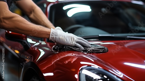 Car polishing. Close-up of male hands in gloves polishing red car. 