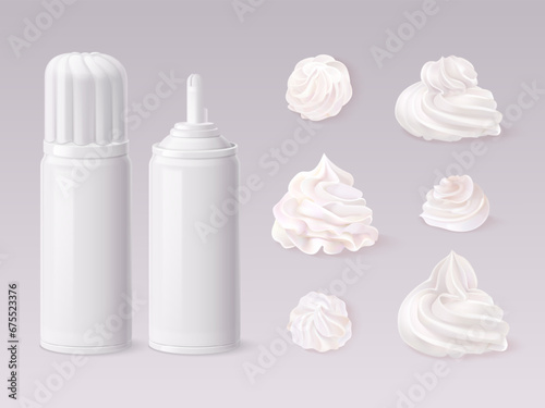 Realistic whipped cream. 3d mousse and whip creams cans for vanilla cake, whipped frosting sprinkle topping spray confectionery decoration, cream meringue exact vector illustration