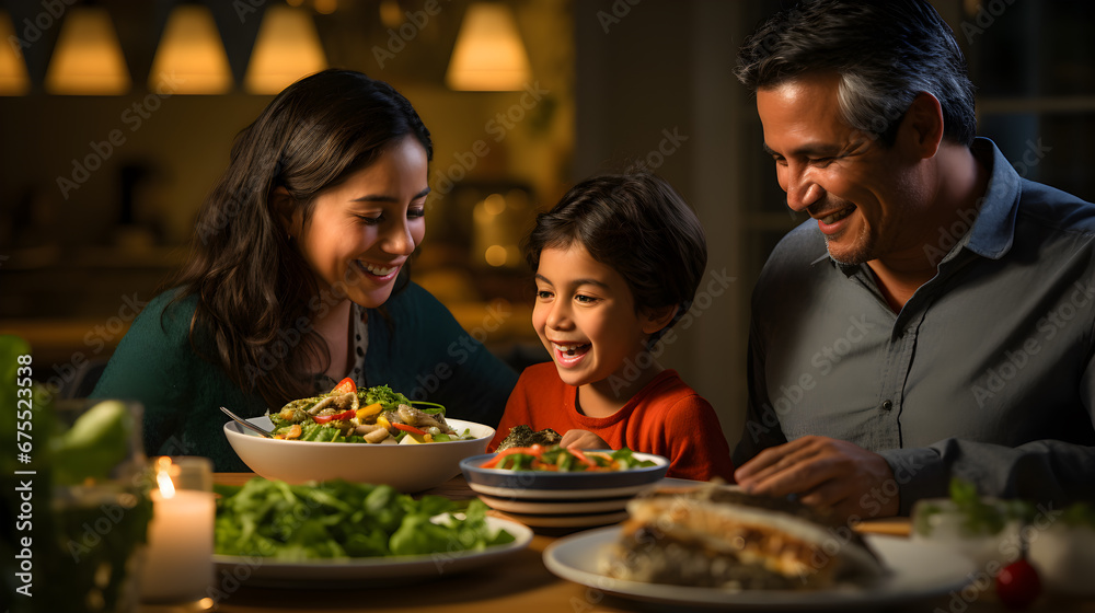 Momentos Especiales: Unión en la Mesa familia latina con comida saludable disfrutando de la hora de la comida