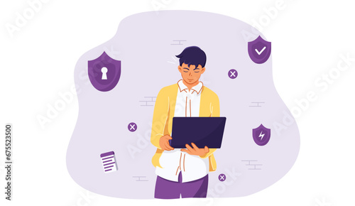 Cyber security concept. Man working on a protection. Person defending and protecting data. Cyber safety and privacy. Flat Vector Illustration