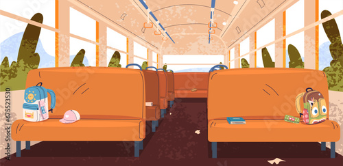 School bus interior. Aisle seat inside empty autobus, public transport cartoon interior for backpacker travel in europe or children road transportation, classy vector illustration