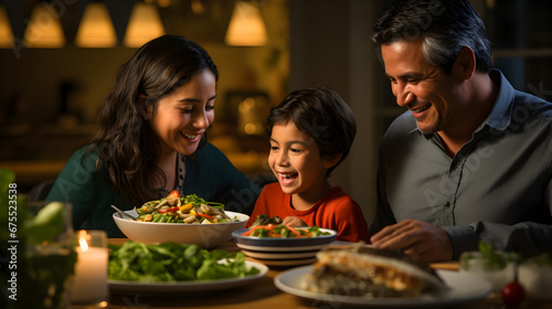 Momentos Especiales: Unión en la Mesa familia latina con comida saludable disfrutando de la hora de la comida