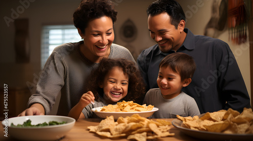 Luces Cálidas, Sonrisas y Comida Variada: Escena Familiar latinos disfrutando de una comida sana en casa iluminada photo
