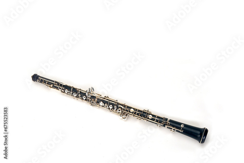 Clarinet wind musical instrument, French clarinet isolated on white background, space for text
