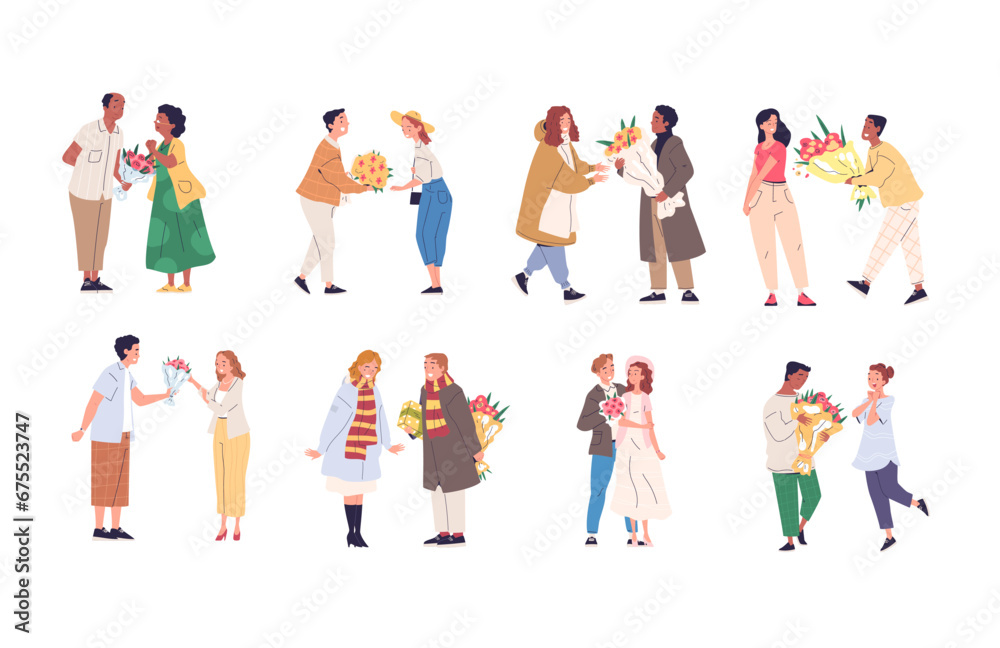 Men giving flower. Man give bundle flowers, women receive bouquet roses, romantic couple girlfriend getting gift on dating, wife and husband celebration classy vector illustration Men giving flower. Man give bundle flowers, women receive bouquet roses, romantic couple girlfriend getting gift on dating, wife and husband celebration classy vector illustration