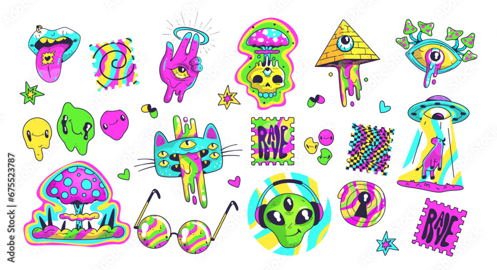 Acid psychedelic stickers. Trippy trendy sticker in crazy cartoon style 80s 60s, surreal abstract bright patch weird groovy design, funny neon colors art classy vector illustration Acid psychedelic stickers. Trippy trendy sticker in crazy cartoon style 80s 60s, surreal abstract bright patch weird groovy design, funny neon colors art classy vector illustration