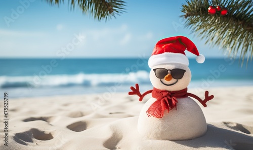 Smiling sandy snowman in red santa hat on the sea beach, x-mas travel design background, Christmas decoration, Happy New Year, holiday,vacation, love of the season, space for text