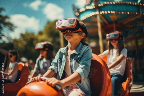children wearing virtual reality goggles at an amusement park and ignoring real life. The concept of gadget addiction and overuse of social media and mobile devices photo