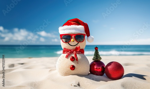 Smiling sandy snowman in red santa hat on the sea beach, x-mas travel design background, Christmas decoration, Happy New Year, holiday,vacation, love of the season, space for text