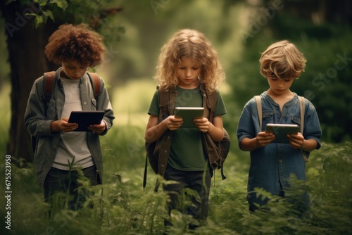 Minors children use gadgets in the garden and ignoring real life. The concept of gadget addiction and overuse of social media and mobile devices photo