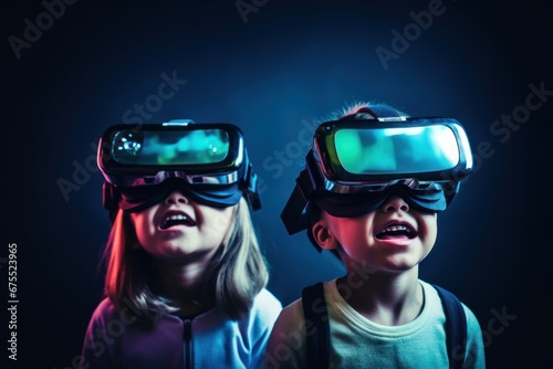 Fun children toddlers wearing virtual reality goggles, passionately immersed in virtual reality. The concept of gadget addiction and overuse of social media and mobile devices. free space.