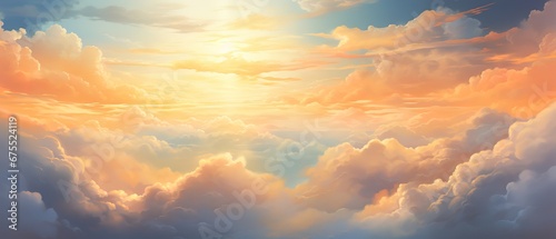 Heavenly sky. Sunset above the clouds abstract illustration. Extra wide format. Hope, divine, heavens concept