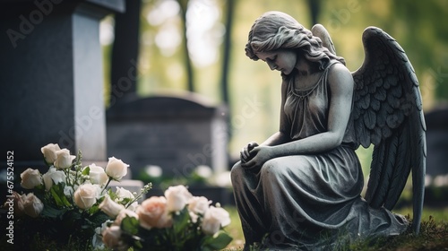 Image with background and place for caption and fragment of tragic sad angel statue at the cemetery. Funeral ceremony