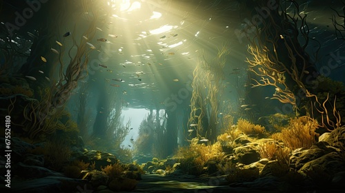  a painting of an underwater scene with sunlight streaming through the water and fish swimming in the water and on the ground.  generative ai © Anna