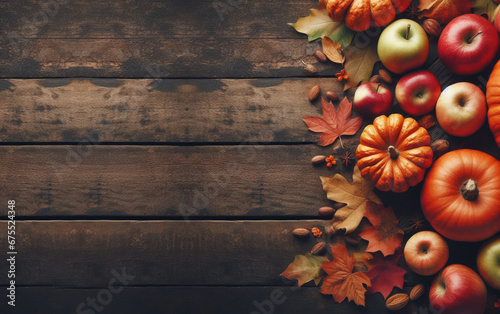 Concept of thanksgiving, harvest, autumn, fall, season. Top view. Autumnal corner with pumpkins, leaves, and apples on a wooden background. Copy space for text, advertising, message, logo