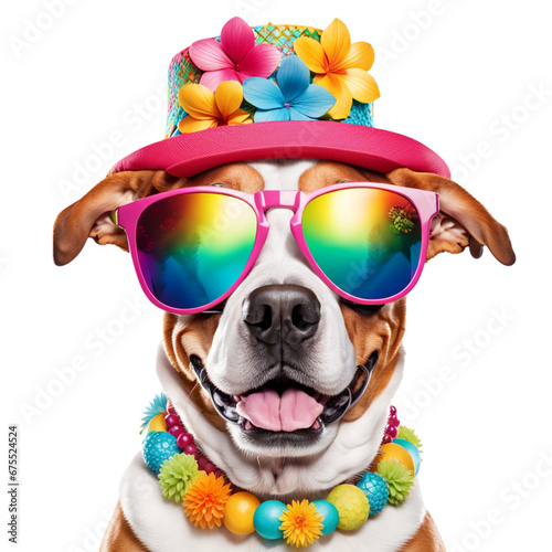 dog wearing hat and sunglasses isolated on white background © Roza