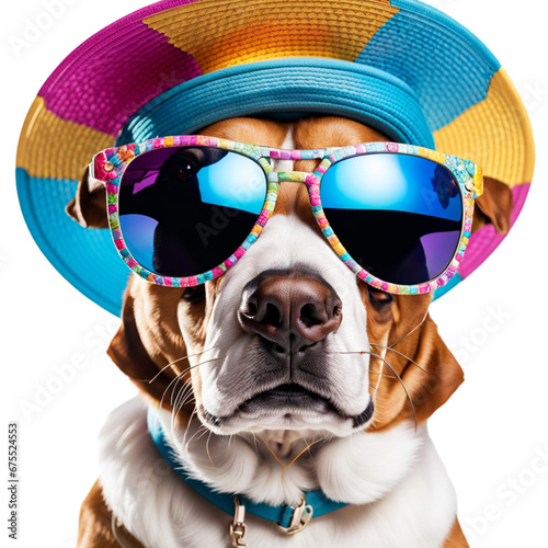 dog wearing hat and sunglasses isolated on white background © Roza