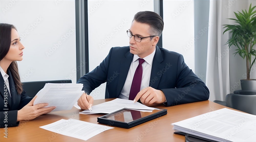 business woman and lawyer man showing documents to clients providing consulting services, discussing tax documents working in office at meeting. Legal consultation concept. business woman and lawyer man showing documents to clients providing consulting services, discussing tax documents working in office at meeting. Legal consultation concept.