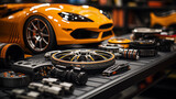 Set of spare parts for sports car in the garage. Car parts in auto repair shop. Auto service concept. 3d rendering of auto parts for sale in a shop or store. 