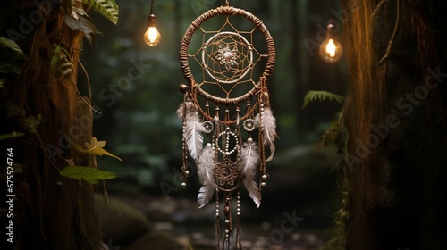 A dream catcher entwined with strings of pearls, evoking elegance amidst a backdrop of rustic wilderness.