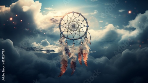 A dream catcher floating amongst the clouds, its feathers intertwined with the vapor trails of passing airplanes.