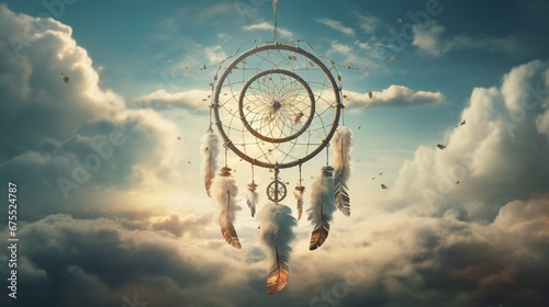 A dream catcher floating amongst the clouds, its feathers intertwined with the vapor trails of passing airplanes. photo