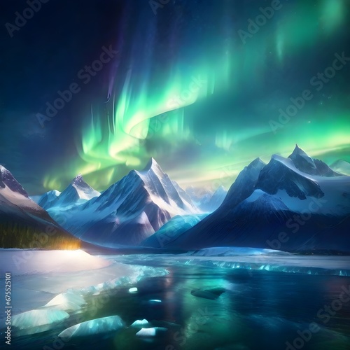 A breathtaking polar lights picture against a backdrop of pristine, snow-covered mountains, where nature's ethereal display meets the serene winter landscape, generative ai © Niklas
