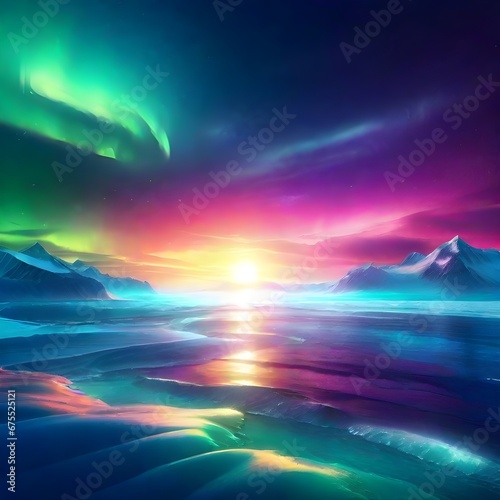 A breathtaking polar lights picture against a backdrop of pristine  snow-covered mountains  where nature s ethereal display meets the serene winter landscape  generative ai