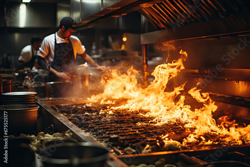 Searing on open flames. professional restaurant
