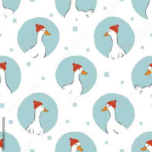 Seamless winter pattern with cute geese in red hats. Merry Christmas vector illustration