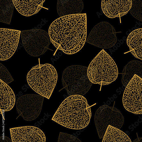 Golden physalis seamless pattern. Vector floral background with gold winter cherry