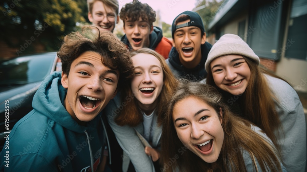 Cheerful teenage friends from different countries take selfies while walking around the city. Concept of friendship, communication, happy memories