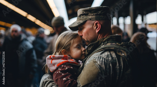 A dramatic moment: a soldier says goodbye to his daughter at the station. Mobilization background