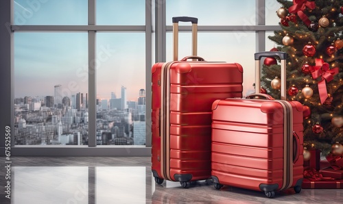 Red suitcases near Christmas tree at the airport, luggage x-mas travel design, tree lights background, Christmas decoration, Happy New Year, holiday, love of the season