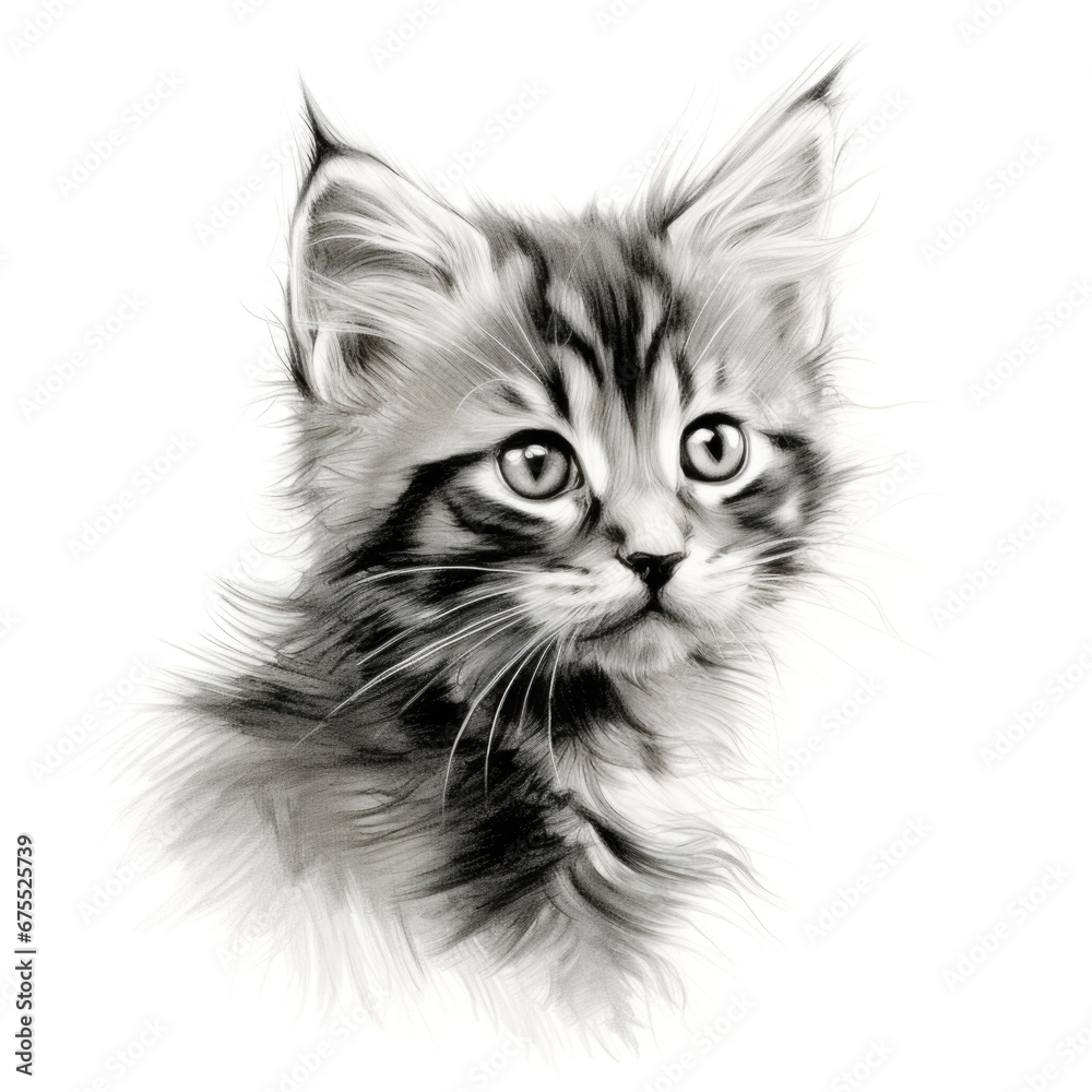 Cat Portrait in Black and White Graphic Isolated on White Background Cat Portrait in Black and White Graphic Isolated on White Background
