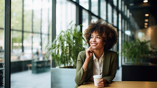 Young happy business afro american woman in casual shirt on break in office, holding cup of coffee or tea. No stress concept photo